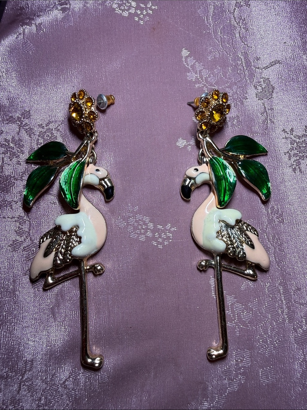 Pink Flamingo Drop Earrings with Green Leaf Detail